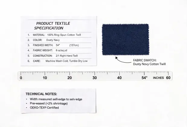 Product specification sheet beside textile swatch
